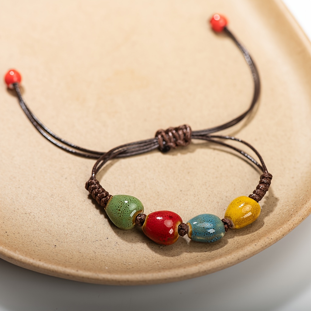 Bohemian Ceramic Heart Bracelet Handcrafted Woven Adjustable Band Ethnic Style